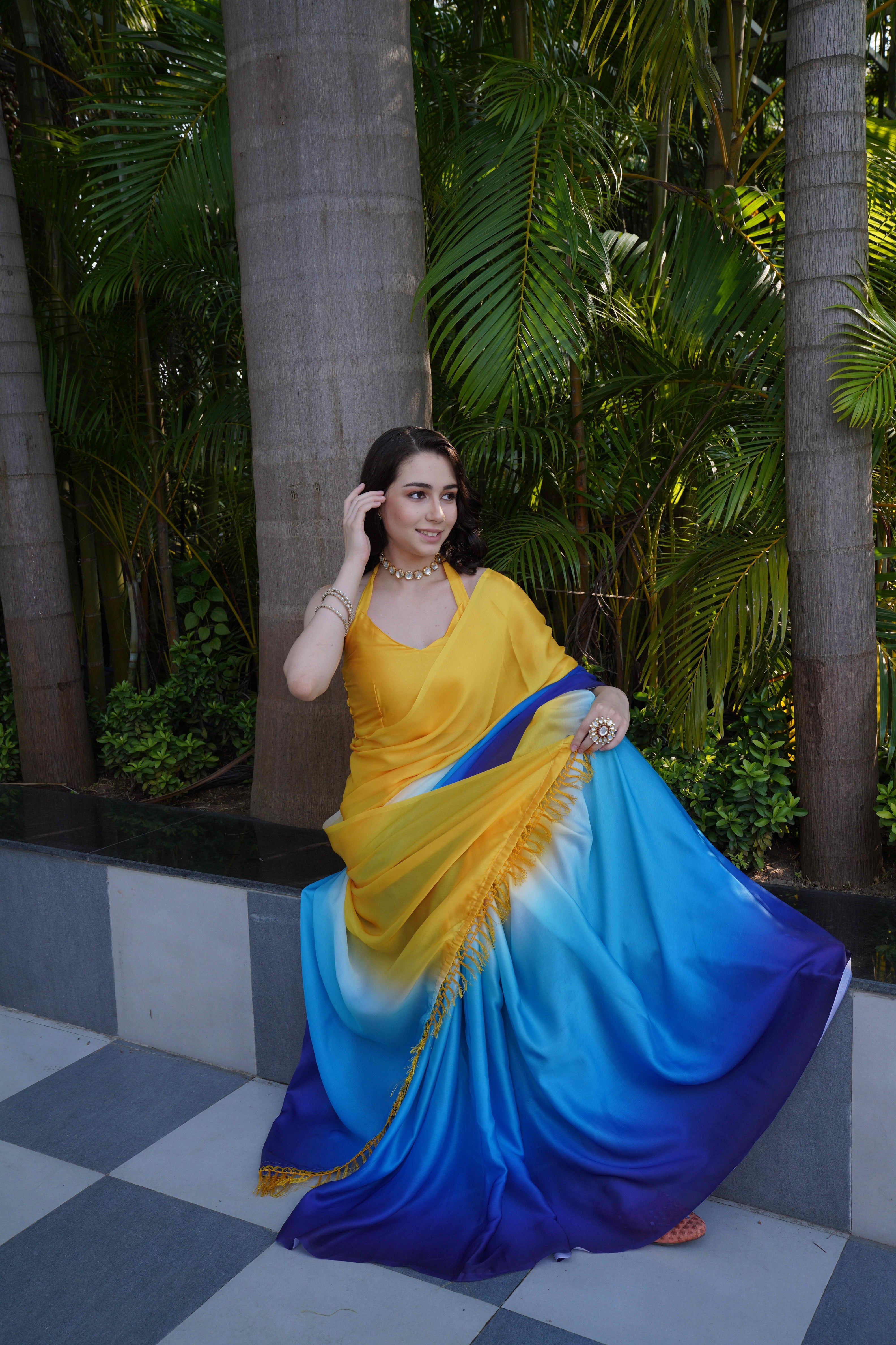 Yellow Blue Colour Block Georgette Saree